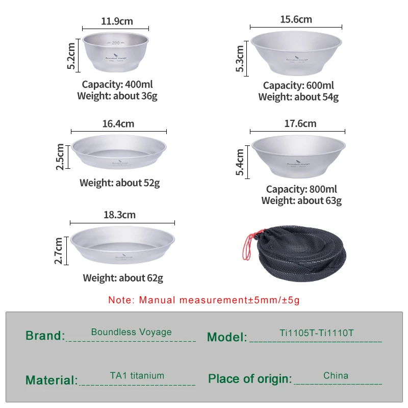 Boundless Voyage Titanium Plates Bowls Dinner Set Outdoor Camping Travel Dishes Lightweight Metal Tableware Kitchen Dinnerware