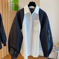 SuperAen Spring 2024 New Design Patchwork Shirt for Women Korean Design Black and White Contrast Shirt