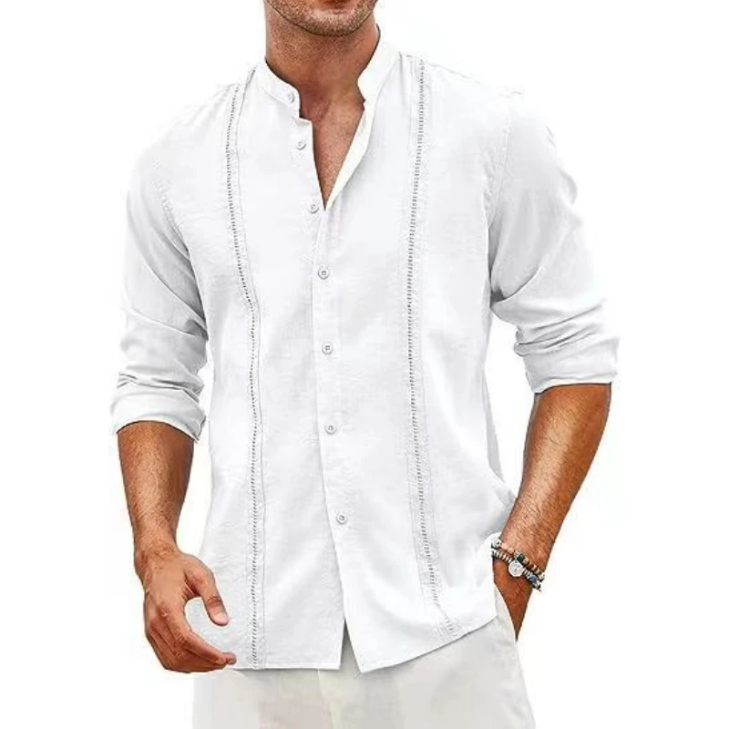 2024 Spring/Summer Men\'s casual Cuban-style Stand-up collar Lace button Linen shirt Summer beach resort shirt