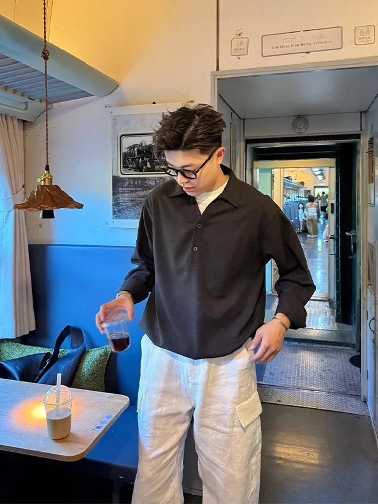 

Briti Sle Henry V-Ne Cotton Linen irt Men's High-End Loose Long Sve irt Outerwear Autumn Season CleanFit