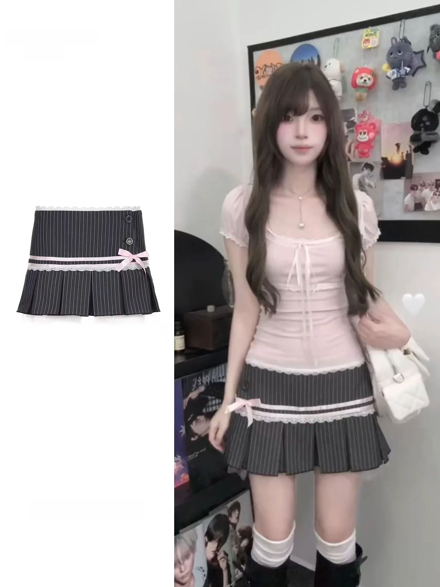 Sweet Pure Desire  Knot Lace Stripe Pleated Skirt Women's Summer Retro A-Line  Skirt High Waist Casual Style