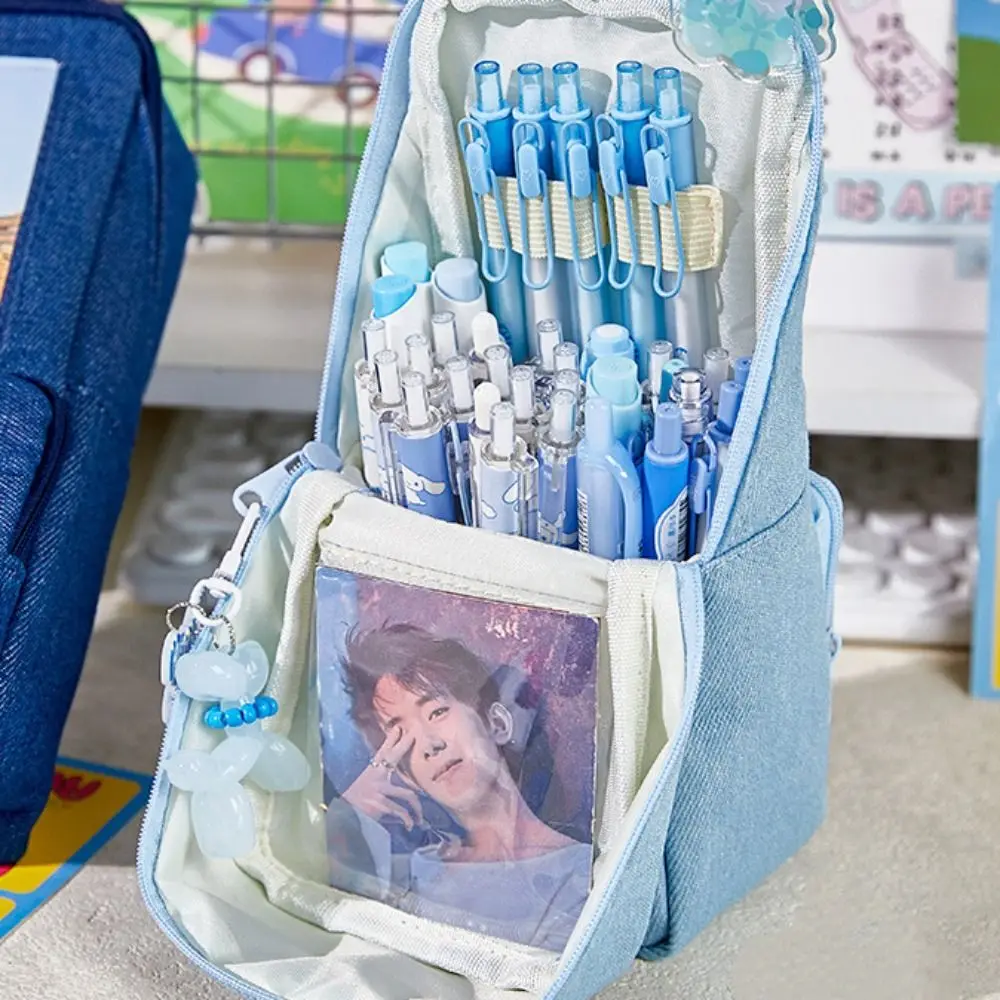 

Kawaii Denim Pencil Bag Multi Layer Large Capacity Pencil Case Zipper Photo Display Stationery Storage Bag School Supplies