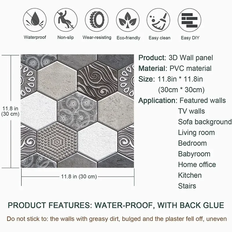 10pcs 3D Self-Adhesive Wall Stickers Waterproof PVC Wallpapers Removable Wall Sticker Bedroom Living Room Background Home Decor - view 6
