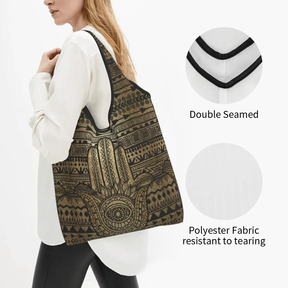 Grappige Print Gouden Amulet Hamsa Hand Winkelen Draagtas Draagbare Shopper Schouderhand Van Fatima Handtas