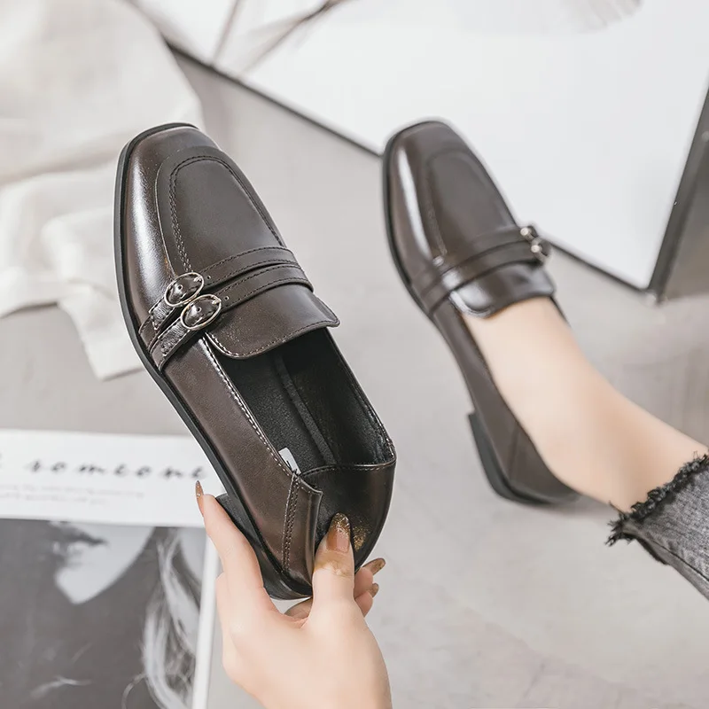 Womens Derby Shoes Autumn Black Flats Female Footwear Casual Sneaker All-Match Loafers With Fur Square Toe Slip-on Leather Fall