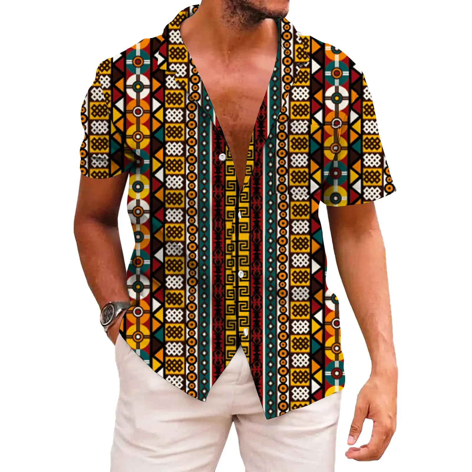 

KYKU African Shirts for Men Dashiki 70s Outfits Print Button Down Shirt Men Short Sleeve Clothing