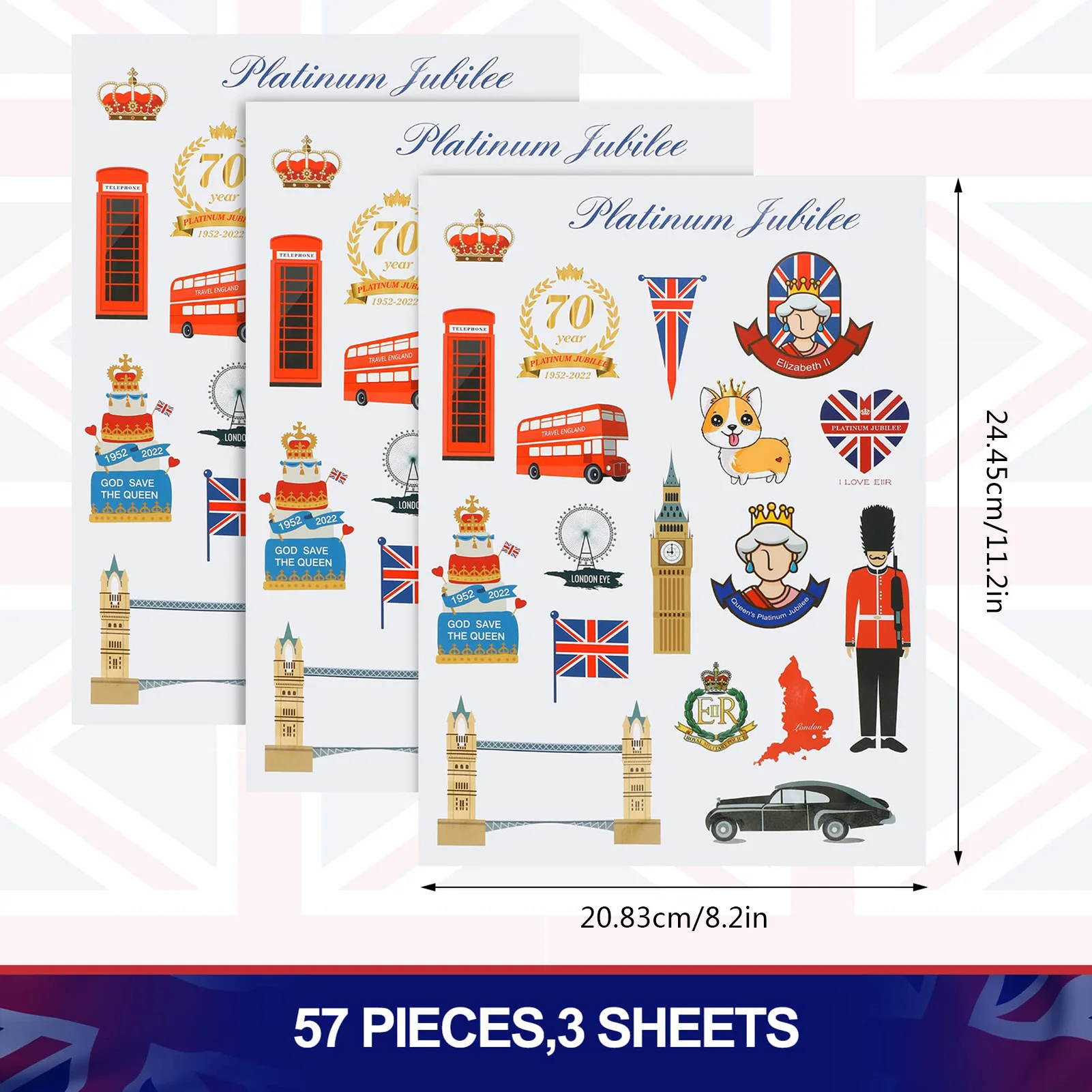 57 stücke Königin Jubilee Dekorationen Aufkleber 2022 70th Großbritannien Großbritannien London Dekorationen Wasserdichte PVC Decals Für