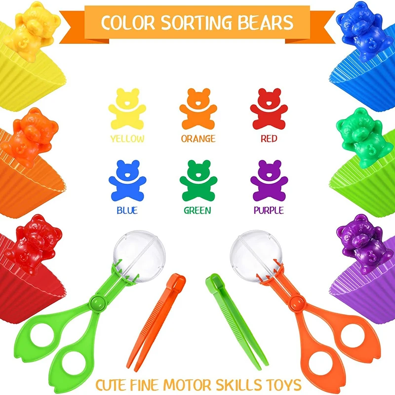 Colorful Counting Bears with Sorting Cups & Tweezers, Toddler Counting & Color Sorting Educational Toy Gift for Kids Boys Girls - view 3