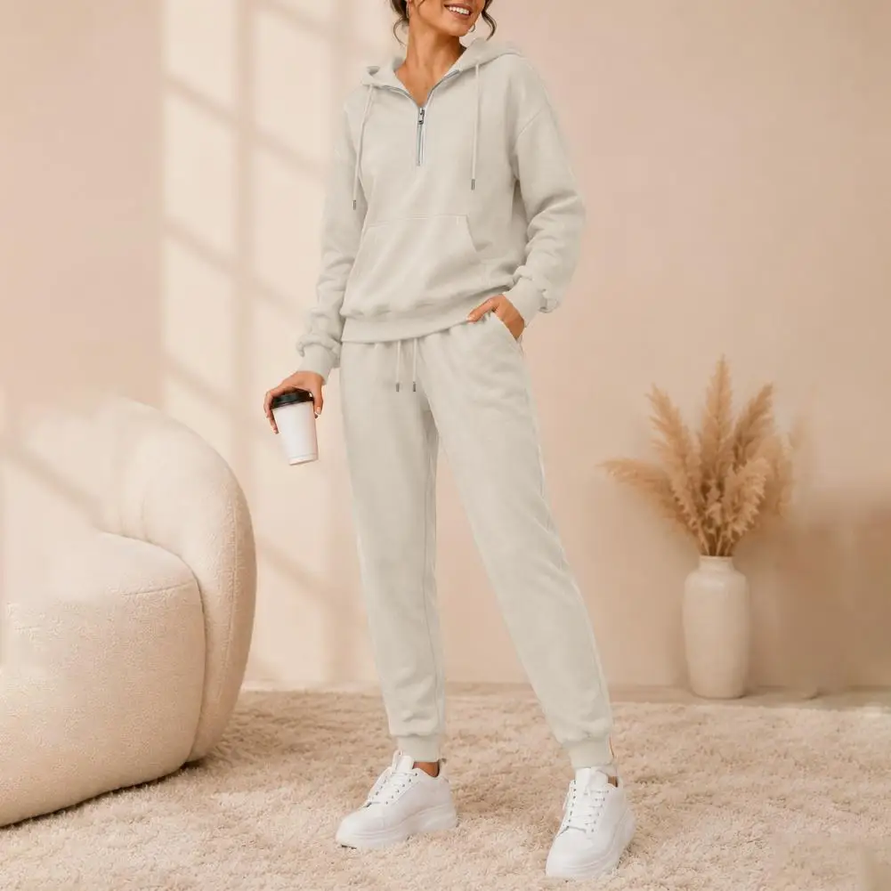 Cozy Homewear Women Tracksuit Two-piece Set Quarter Zipper Hoodie Jogger Pants Lightweight Loose Fit Loungewear for Outdoor