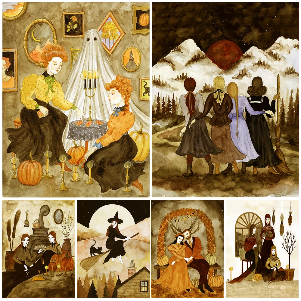 The Weird Sisters And Ghost Vintage Wall Art Mushroom Sisters And Witch Sisters Canvas Painting Wicca Poster And Print Decor
