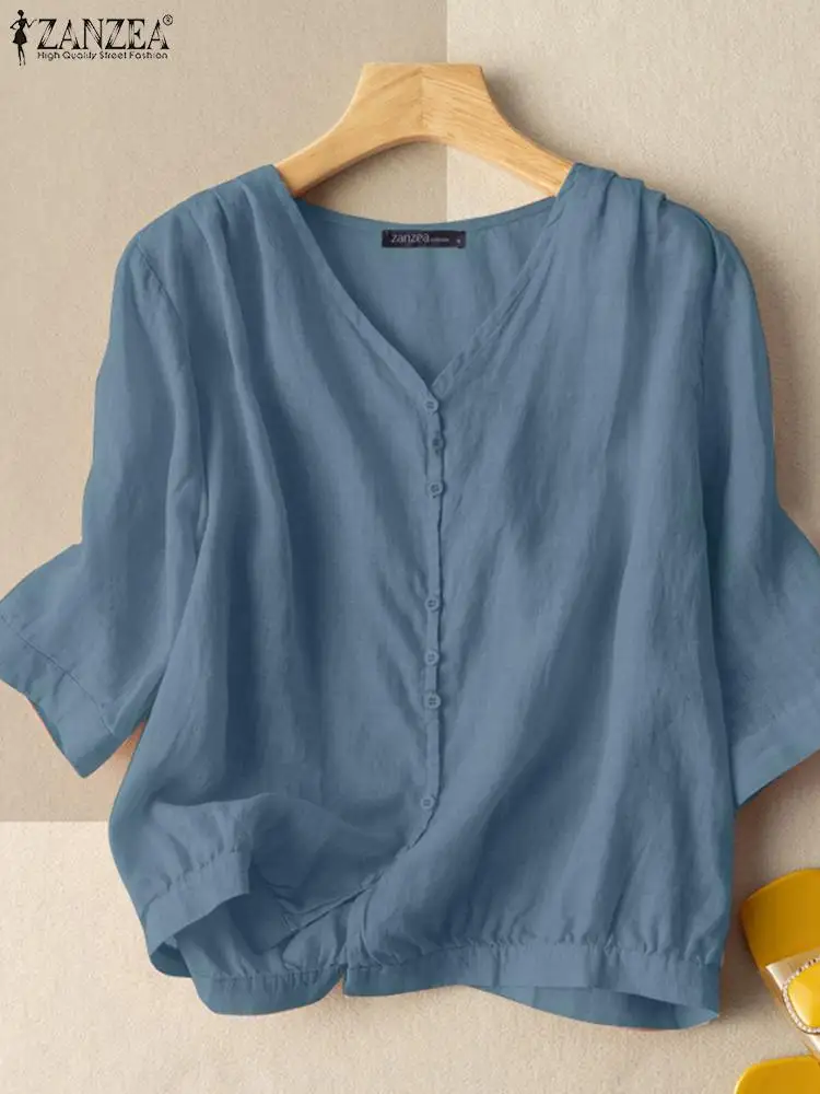 ZANZEA Summer Vintage V Neck 3/4 Sleeve Blouse Women Solid Cotton Shirt Casual Loose Blusas Oversize Buttons Tops Tunic Chemise