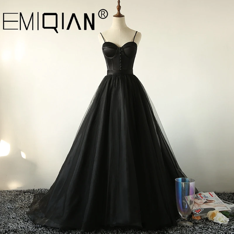 

A-Line Fashion Tulle Evening Dress with Cups Black Spaghetti Strap Prom Dress Formal Party Dress