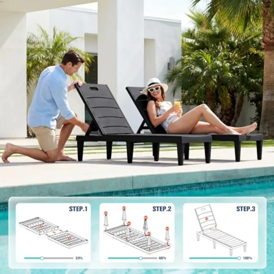 Outdoor Chaise Lounge Chair Set of 2 with 5-Position Adjustable Back, Waterproof and Lightweight PP Lounge Chairs for Outside P view 4