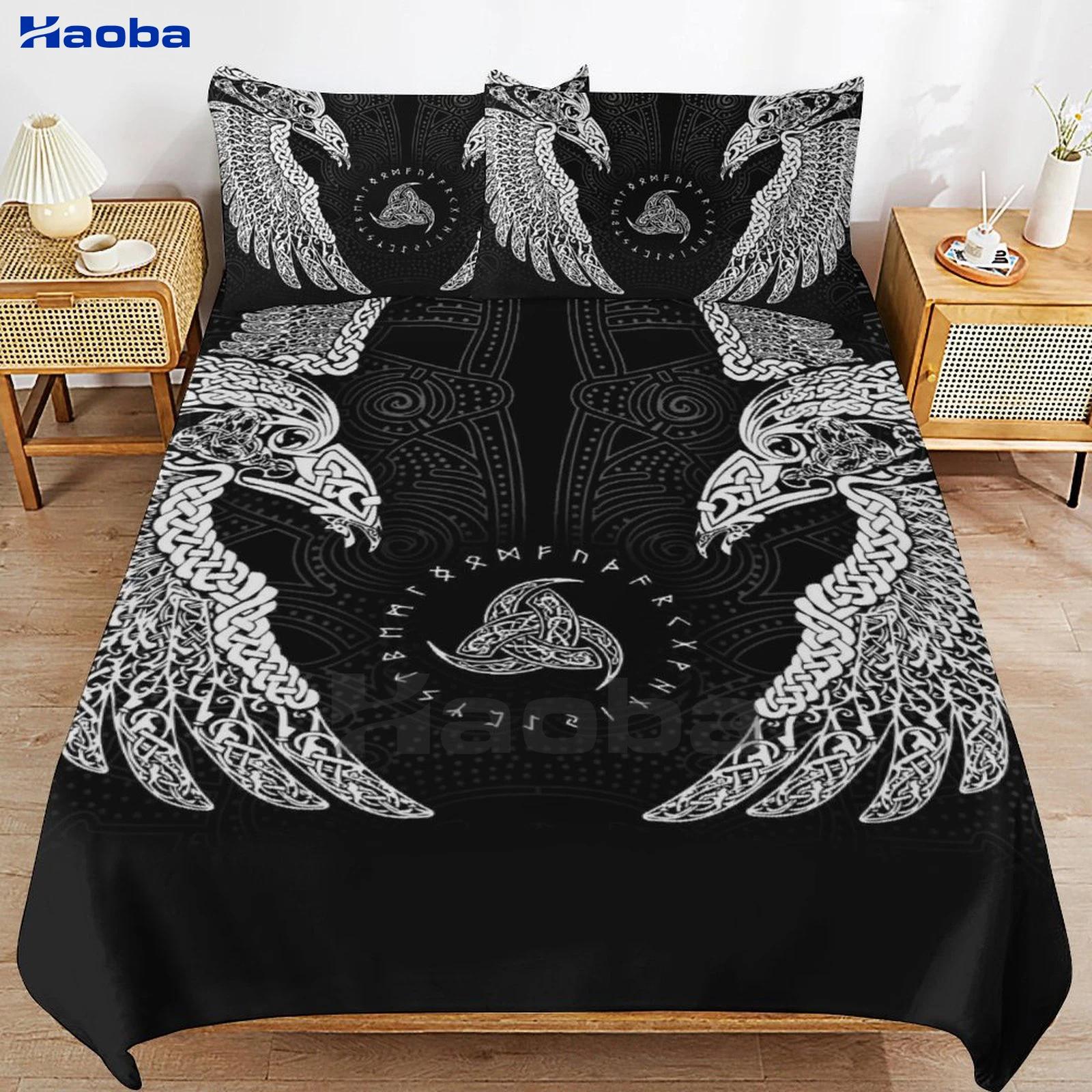 VIKING Ravens Norse Three Piece Bedding Set Children or Adults for Beds Quilt Covers Birthday Gifts for Women Men