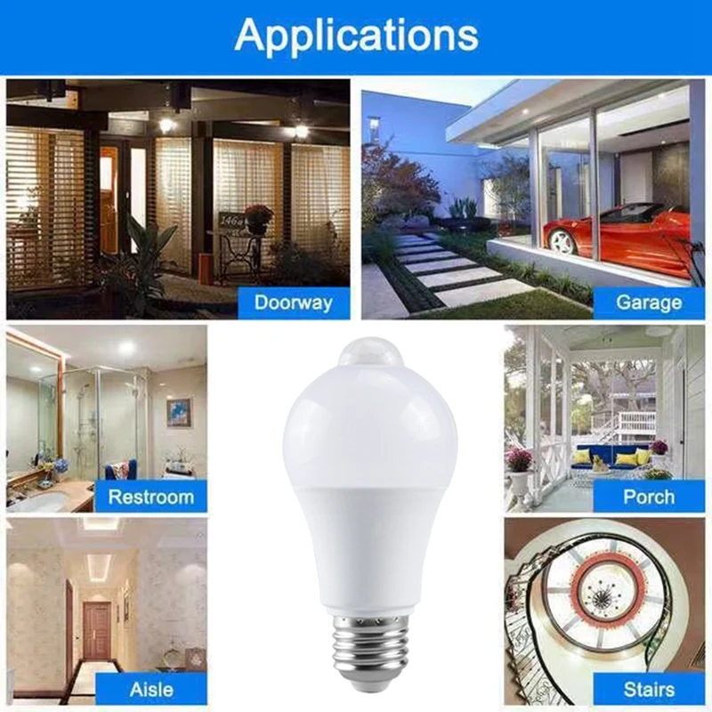 Lámpara con Sensor de movimiento PIR, Bombilla de 12W, 85-265V, E27, Detector de movimiento infrarrojo, luz de seguridad