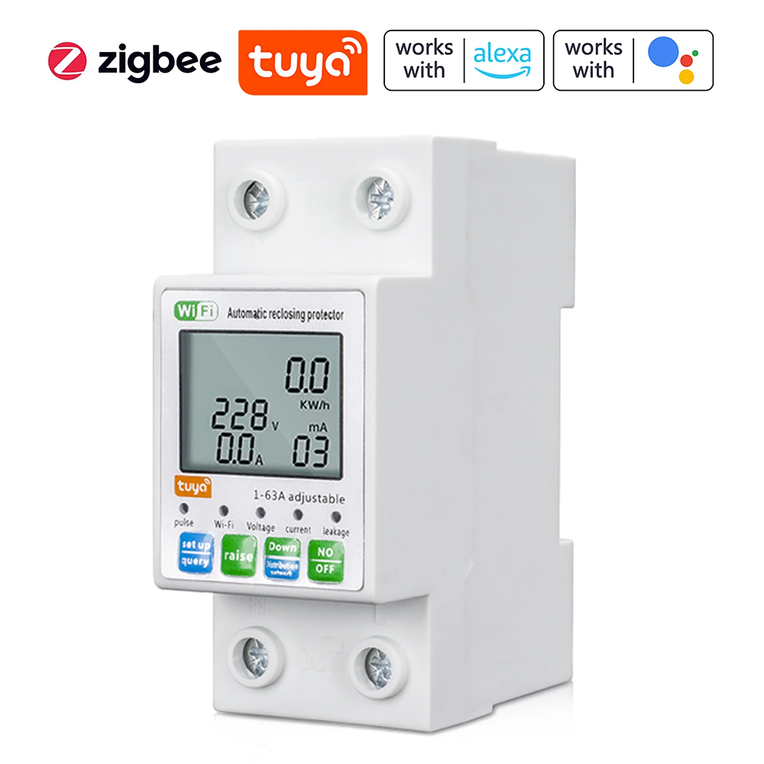 Tuya ZigBee Intelligent Automatic Reclosing Protector Multifunctional Current Voltage Meter LCD Display Switch Power Meter