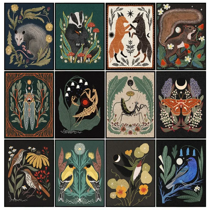 Witchy Dark Folk Art Woodland Creature Forest Animals Mantis Wolf Fox Squirrel Poster Canvas Painting Wall Pictures Home Decor