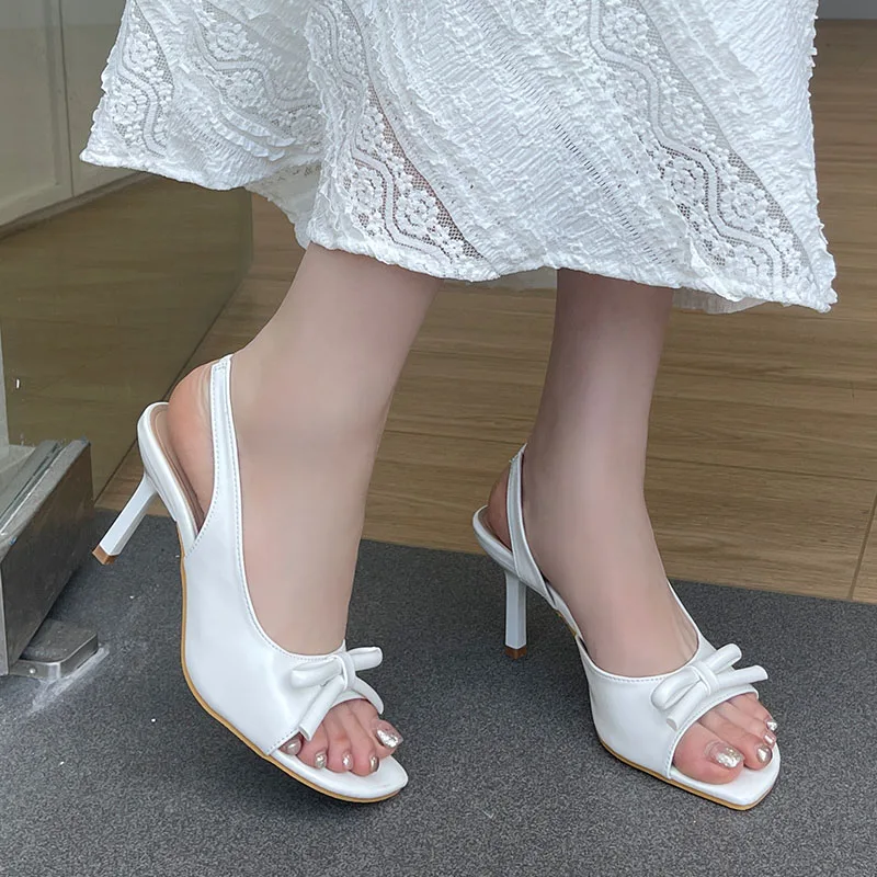 

Летние женские сандалии с открытым носком и бантом-бабочкой, на тонком высоком каблуке, модные туфли для вечеринок, женская обувь.