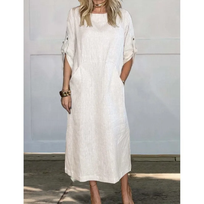 

Летнее женское платье: модное, белое, однотонное, свободного кроя, повседневное, с круглым вырезом, рукавом до локтя, с карманами, в стиле пуловер. Винтажное платье.