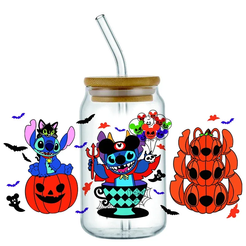 

HOT Stitch Happy Halloween Cartoon UV DTF Cup Wrap For 16oz Libbey Coffee Glass Can Cup uvdtf Wrap Car Sticker Easy peel DIY