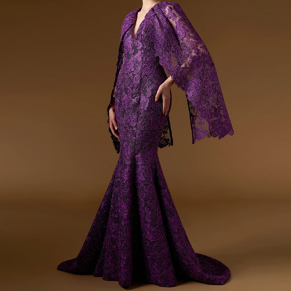 Robe de soirée de forme sirène, personnalisée, longueur au sol, col en v, sans manches, mode, étole en dentelle, drapée Simple, robe de soirée décontractée