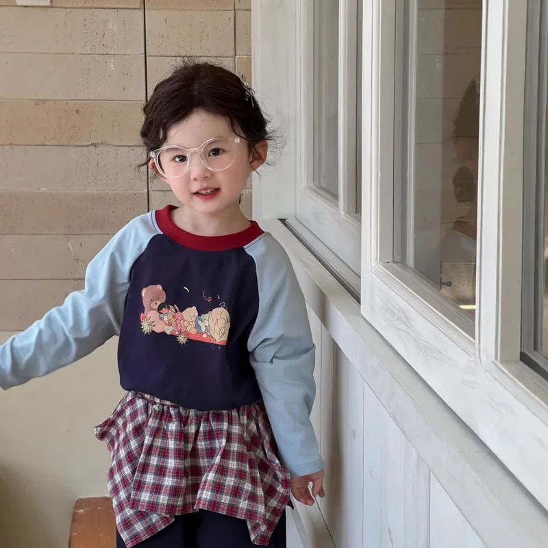 Осень-зима 2025 г., детская базовая рубашка с длинными рукавами и рисунком медведя, модные топы для мальчиков и девочек, пуловер, свитшот от 3 до 12 лет