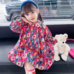 Spring Autumn New Girls Princess Dress Full Print Flowers Long Sleeve Lapel Collar Dress For 2-8 Years Girls Casual Shirt Skirt