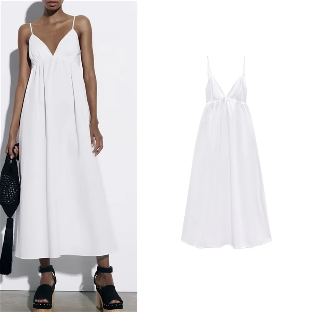 

Women Fashion White Spaghetti Strap Dress Summer Deep V-neck A-Line Ankle-Length Long Dress Backless Midi Dress Vestido