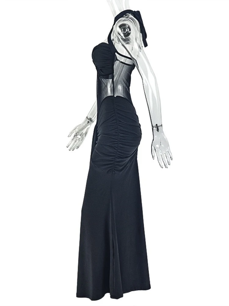 Sukienka długa Foamlina z krzyżującymi się ramiączkami, marszczeniami, seksowna, damska, modna, z prześwitującą siateczką, dopasowana, bez pleców, suknia wieczorowa 2025