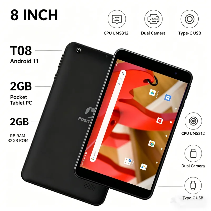 Tablet PC de Bolsillo T08 de 8 Pulgadas con Android 11, 2GB de RAM, 32GB de ROM, CPU UMS312 de Cuatro Núcleos a 1.3GH, Cámara Dual, USB Tipo-C, WIFI, Batería de 4000mAh