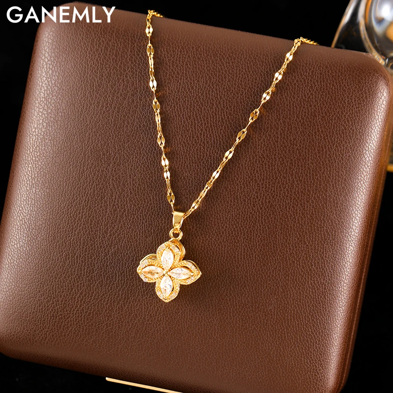 GANEMLY 316L Edelstahl Weiß Zirkon Blume Halskette Für Frauen Mode Drehbare Baumeln Hals Kette Wasserdicht Schmuck Geschenk