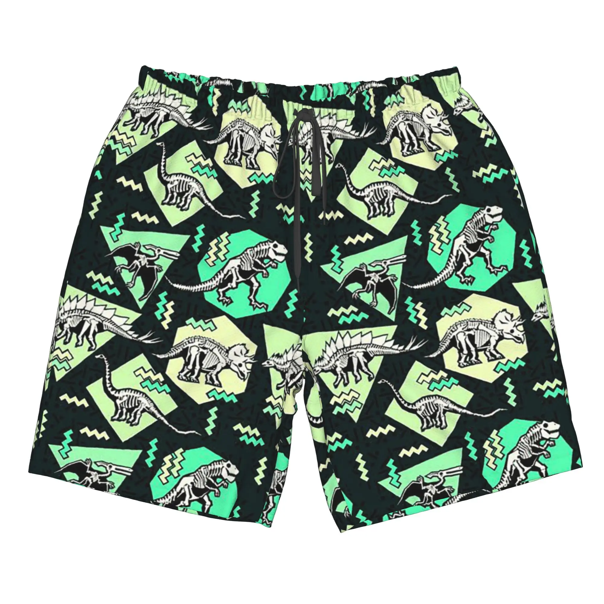 Retro 80s Dinosaur and Bowling Alley Print Trunks Beach Board Shorts Casual Quick Dry Swim Summer Men Pants