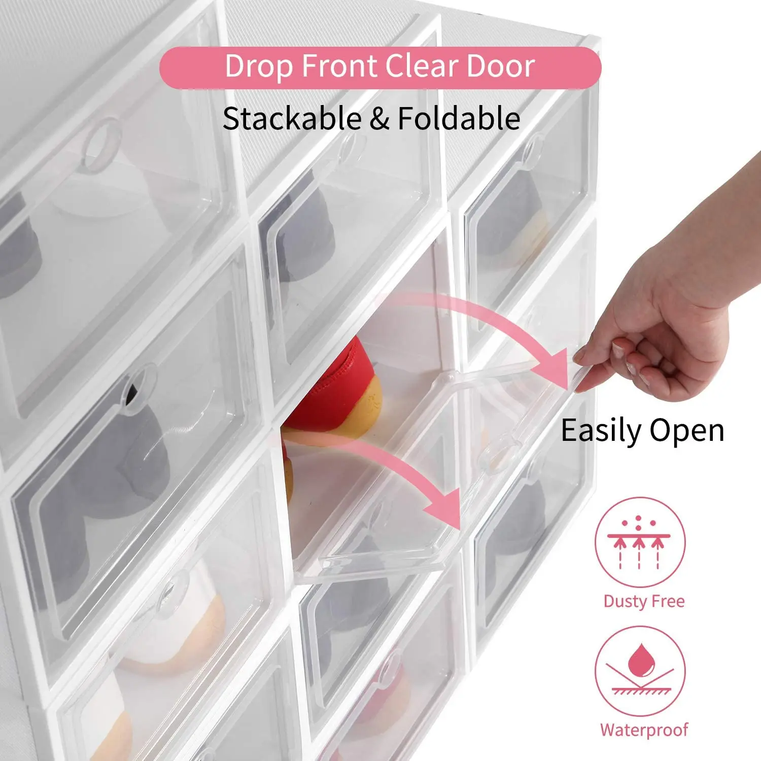 

Stackable Shoe Storage Box, Foldable Clear Plastic Shoe Organizer 12 Pack, Need to Be Assembled (White)