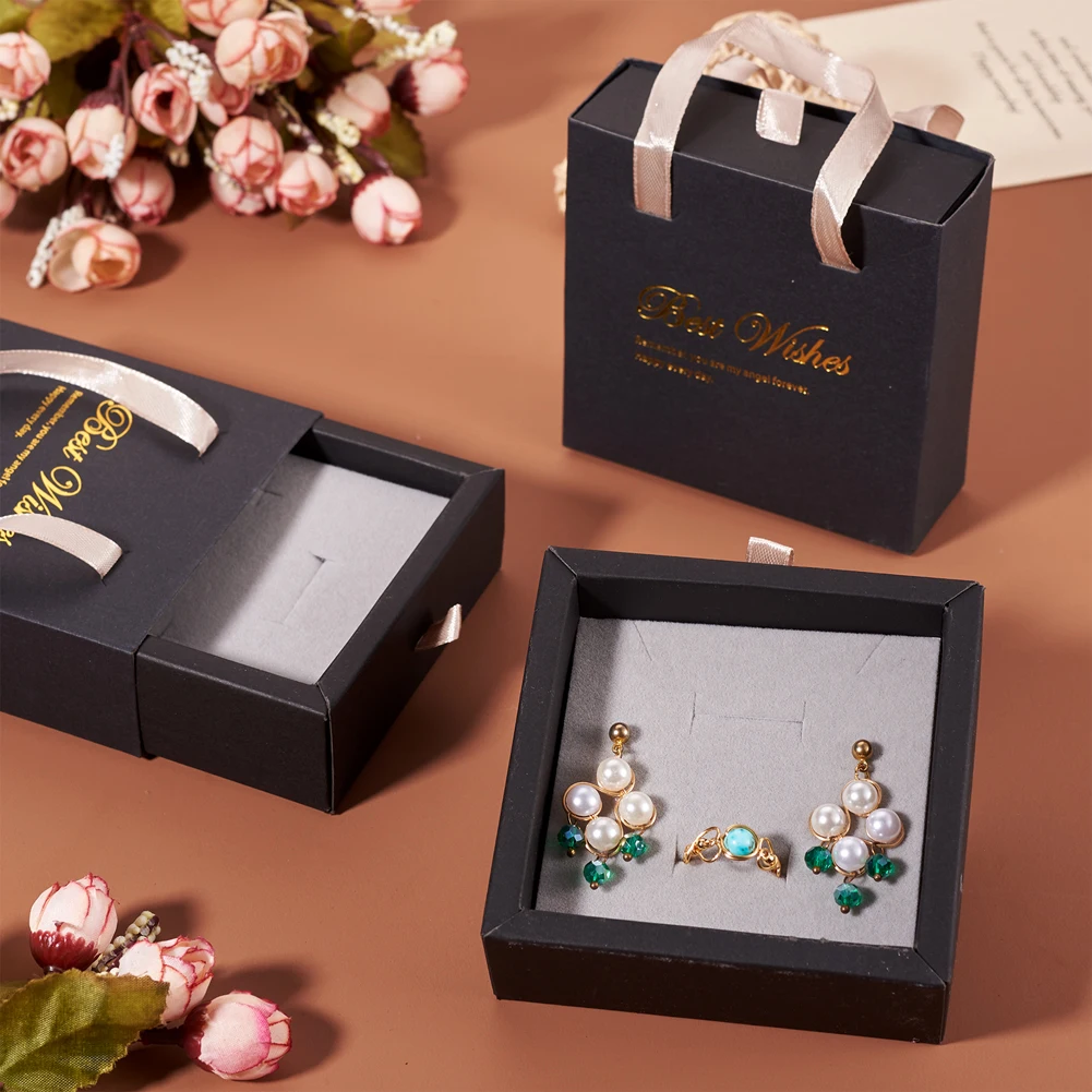 8pcs Ribbon Handles Drawer Paper Jewelry Set Box with Sponge for Necklace Rings Earrings DIY Present Packaging 10.1x10.1x3.6cm