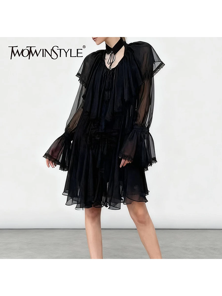 

TWOTWINSTYLE модные платья для похудения с оборками и складками для женщин, элегантное платье с круглым вырезом и длинными рукавами, высокой талией, женское новое