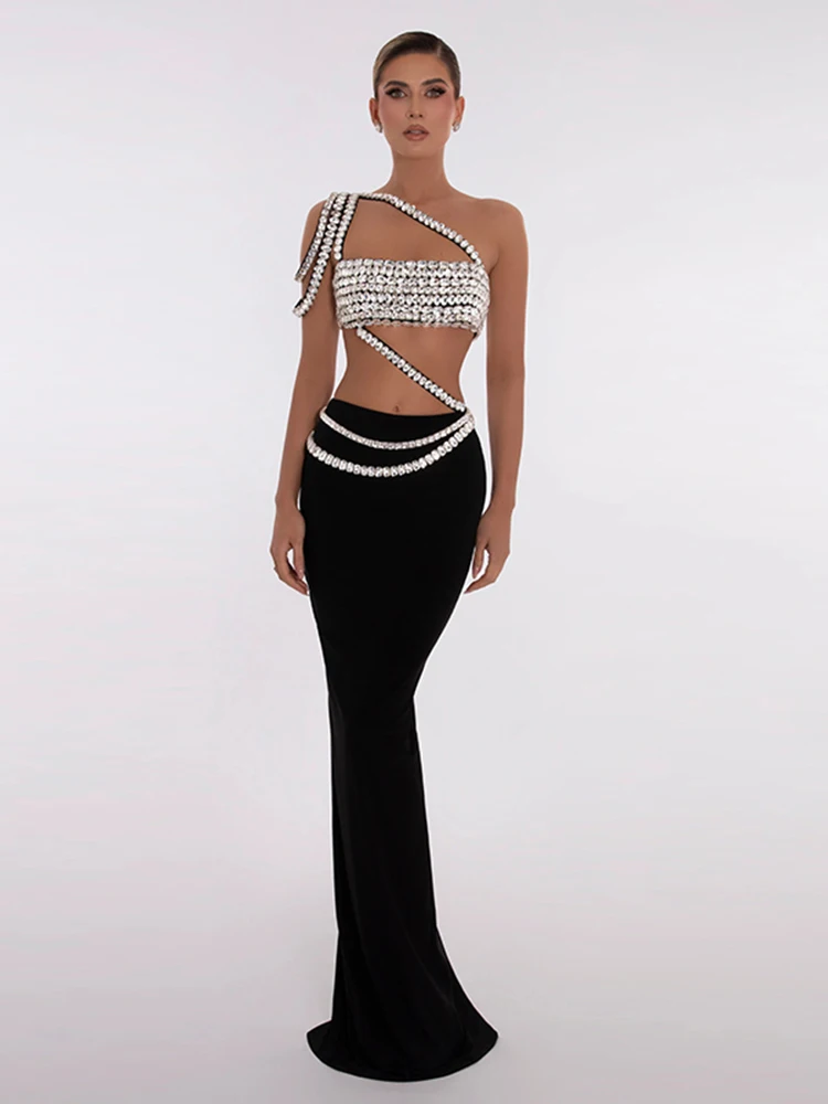 

Sexy Sparkling Diamond Embedded Asymmetrical oulder Tube Top Bla Low Waist Skirt Bodycon Dr Evening Gown Set