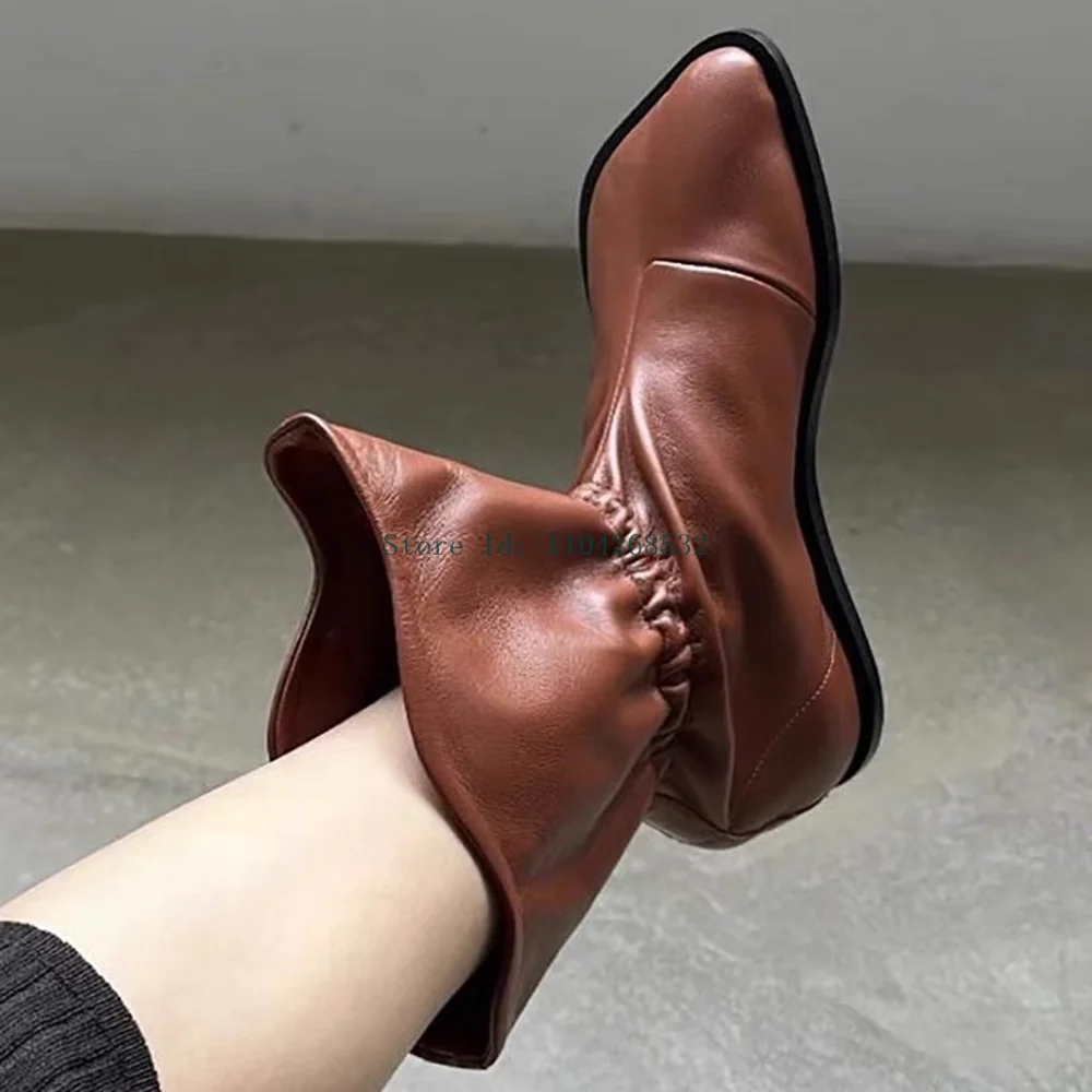 

Pleated Genuine Leather Slouchy Boots Slip On Flat With Solid New Arrivals Fashion Lady Ankle Booties Winter/Spring/Autumn