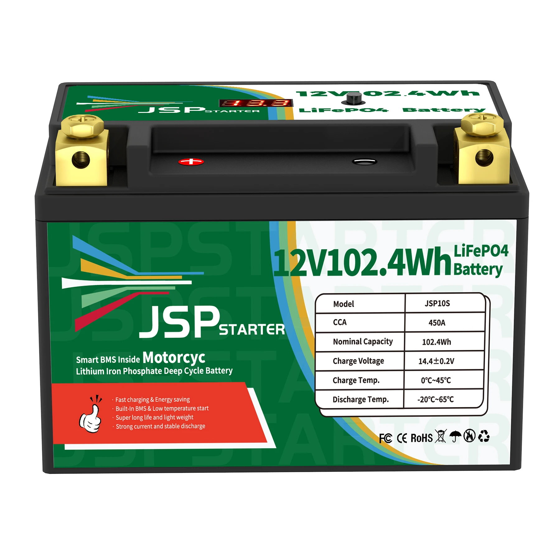 오토바이 시작 배터리, 리튬 다리미 인산염 스쿠터, LiFePO4 배터리, JSP10S, 12.8V, 102.4Wh, CCA450A, BMS, 12.8V, YT10S-BS