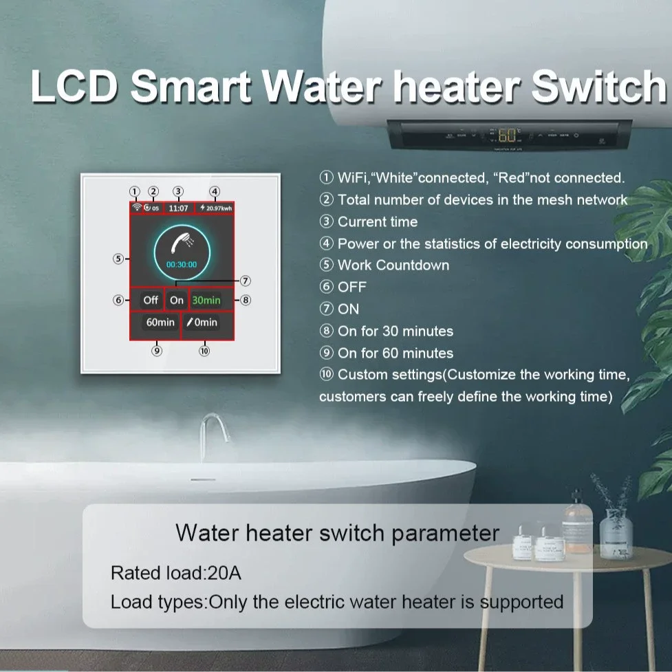 

Умный выключатель для водонагревателя Tuya 20А, высокомощный, с сенсорным экраном 3,2 дюйма, европейский/американский стандарт
