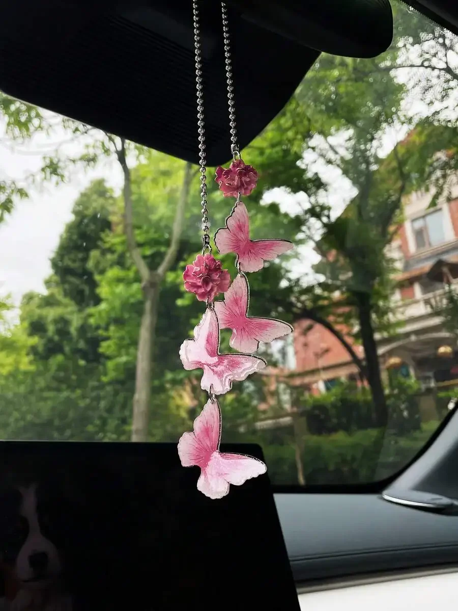 

Pink Flower And Butterfly Car Rearview Mirror Hanging Ornament Decor