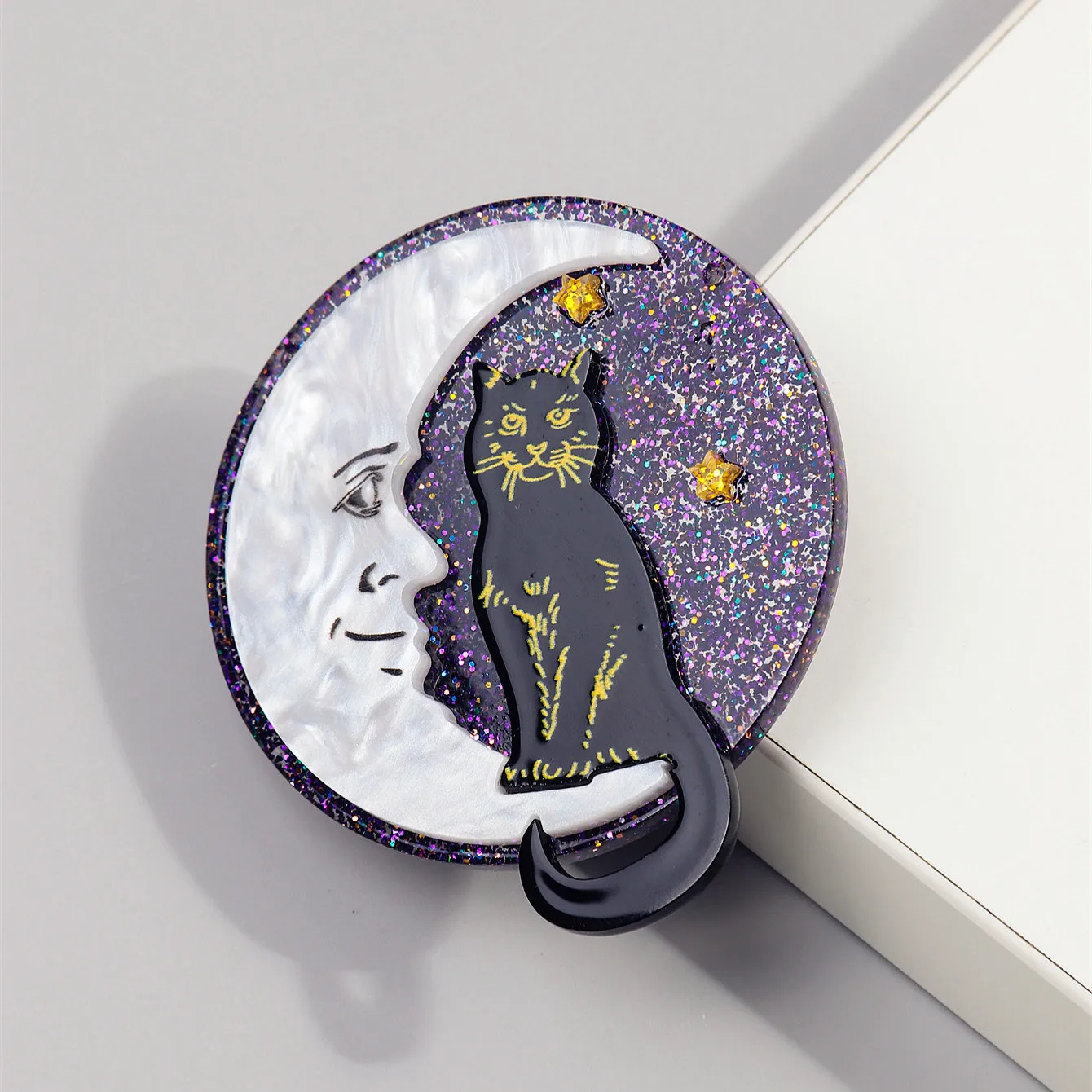 Broches en acrylique de chat noir de lune pour des femmes, épingles rondes de ciel d'étoile de paillettes, badges mignons, accessoires de bijoux, cadeau de Noël, nouveau