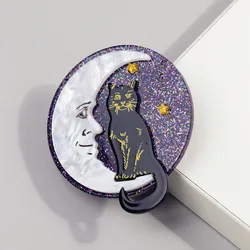 New Cute Moon Black Cat Acrylic Brooches Pins for Women Glitter Star Sky Round Brooch Badges Jewelry Accessories Christmas Gift
