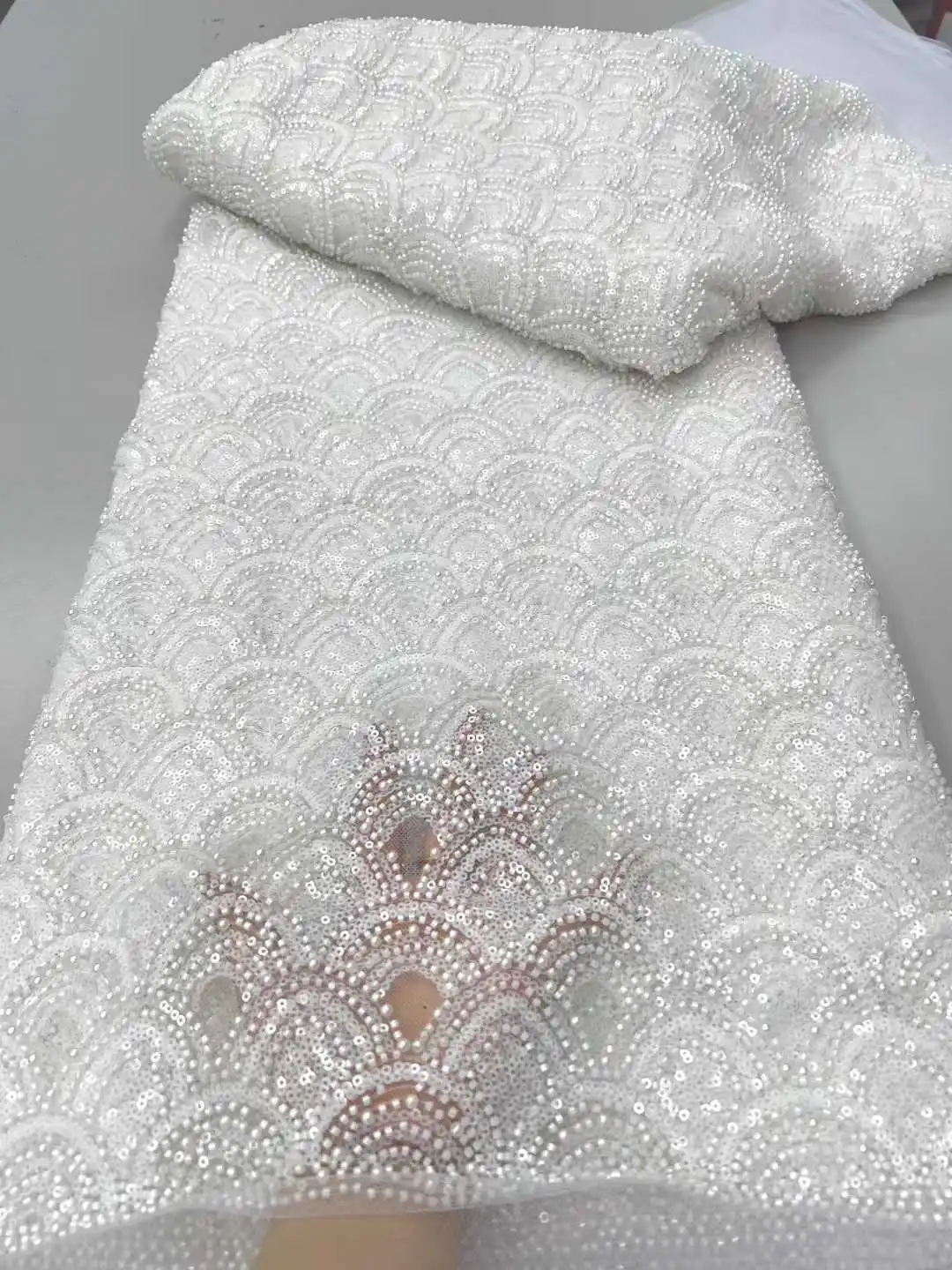 High-End Handmade Beaded Lace Fabric Embroidery Beads Nigerian Sequins Embroidery Mesh Lace Fabrics For Wedding Dresses Party
