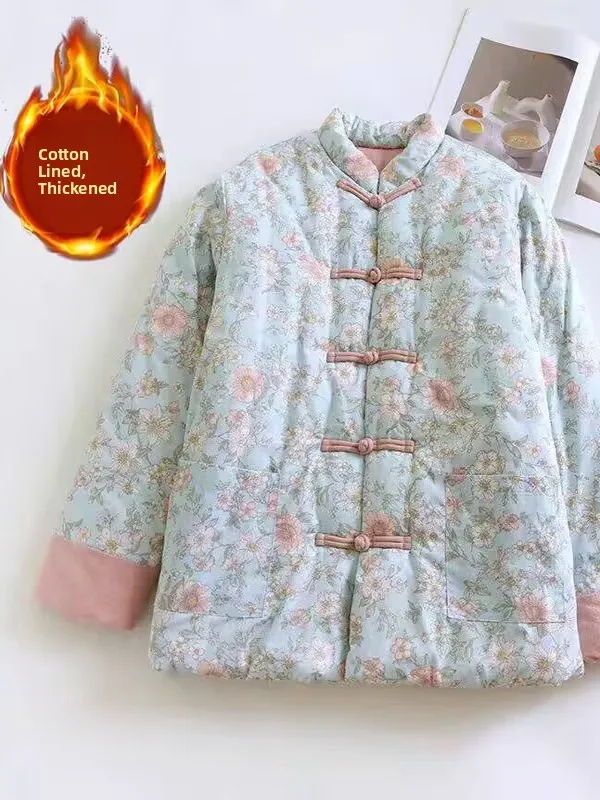 

Thiened Floral Print Cotton Jaet Women's Loose Sle Warmth Outerwear Retro Button Design Autumn Winter New Arrival