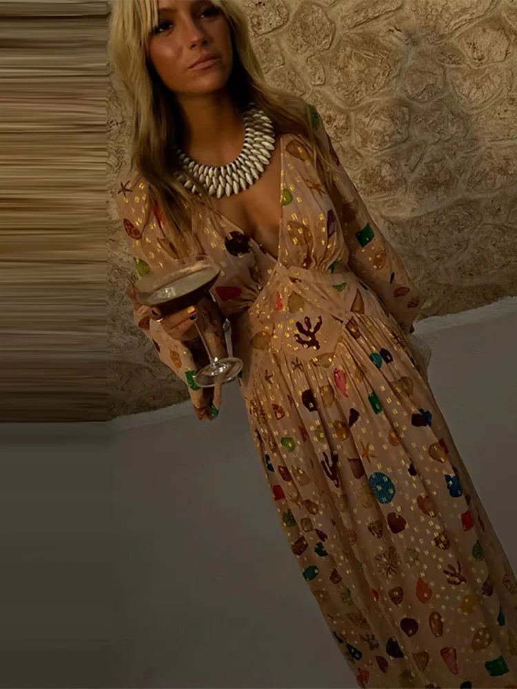 

Elegant Women's Print Pleated Long Dress Long Sleeve V-neck Loose A-line Female Dresses 2025 New Fashion Autumn Sexy Lady Robe