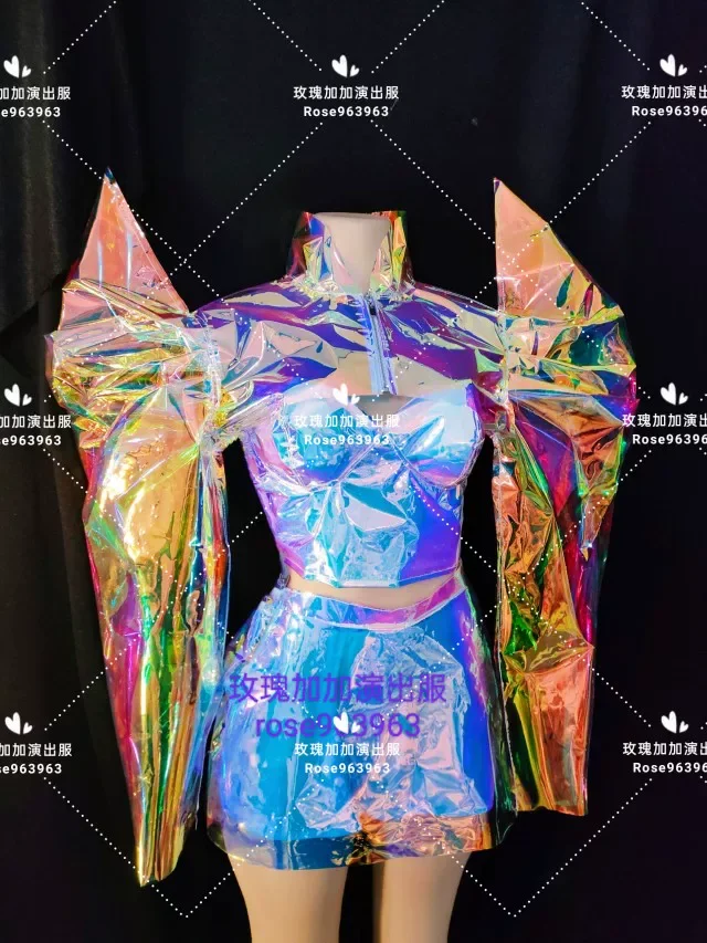 Technology Performance Outfit Bubble Sleeve Shoulder Pad Top+Bikini Skirt Jazz Dance Singer Stage Bar Nightclub Festival Set