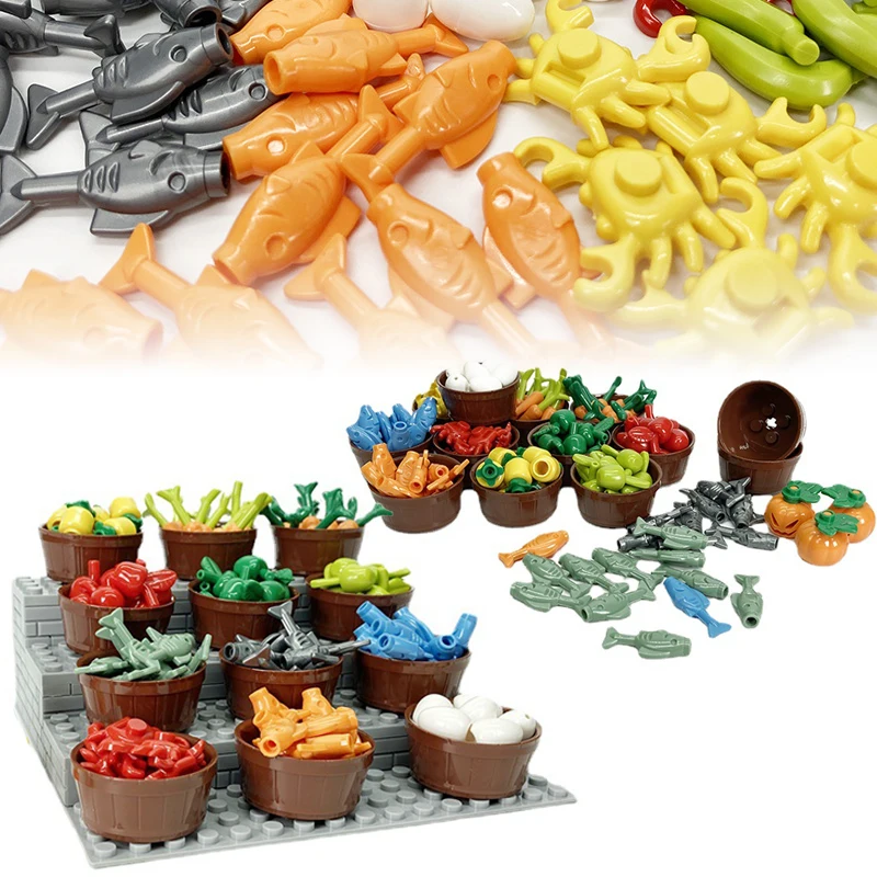 Food With Wooden Basin Market MOC Building Blocks Lobster Fish Egg Apple Banana Tomato Parts Bricks Toys Compatible With LEGO