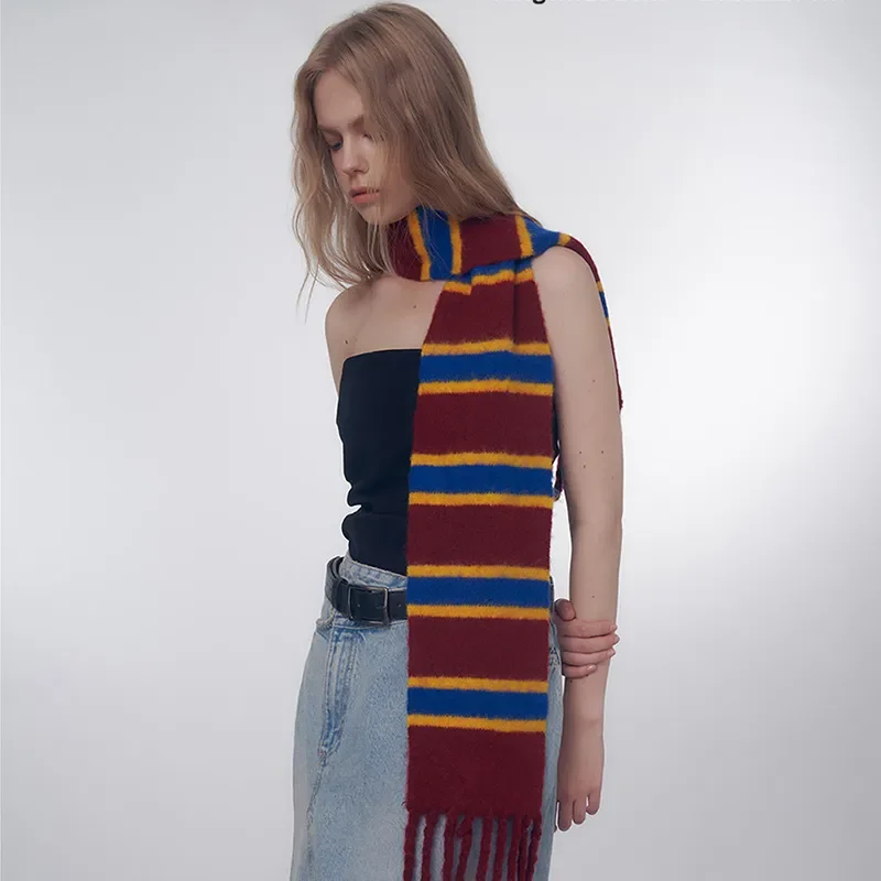 High Quality Shawl Hand-worn Fringed Knitted Striped Wool Blend Scarf Women Warm Soft Tassel Muffler Girls Autumn Winter Female