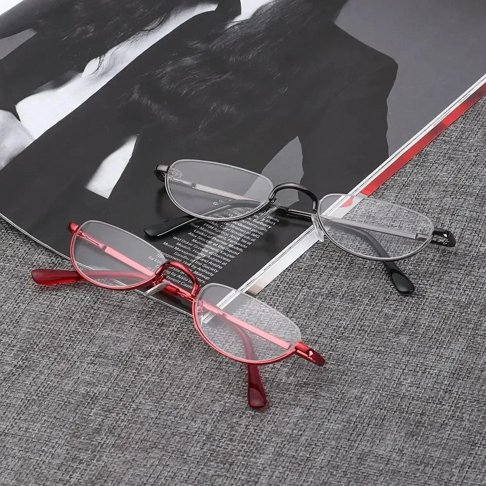 Retro-Lesebrille mit hochauflösenden Metallfederscharnieren, Halbmond-Design, Halbrandlose Lesehilfe, Optische Brille mit Kleinem Rahmen – Detail 3