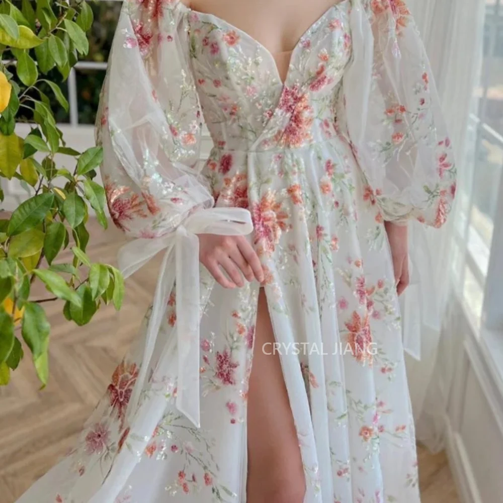 Exquisite Prom Dresses V Neck with Full Puffy Sleeves with Handmade Wildflowers A Line Sweep Train with Slit فساتين سهره